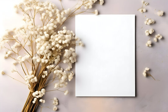 Invitation or greeting card mockup. Blank white card and flowers gypsophila on neutral background