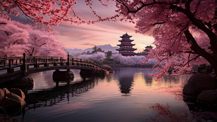 Japanese style castle and nature with beautiful trees, rivers, mountains. With cherry blossoms in full bloom - obrazy, fototapety, plakaty