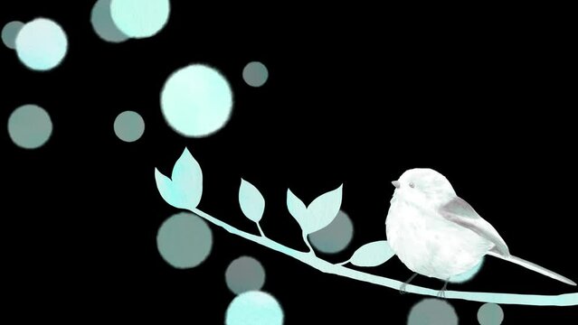 シャボン玉が浮かび上がる背景と小枝にとまるシマエナガの幻想的なループアニメーション。背景透過の映像。