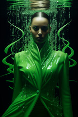 Portrait of beautiful girl in Matrix green dress, posing underwater. Neon green background.