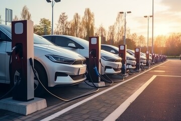 Electric car charging station in parking lot. Generative AI - obrazy, fototapety, plakaty