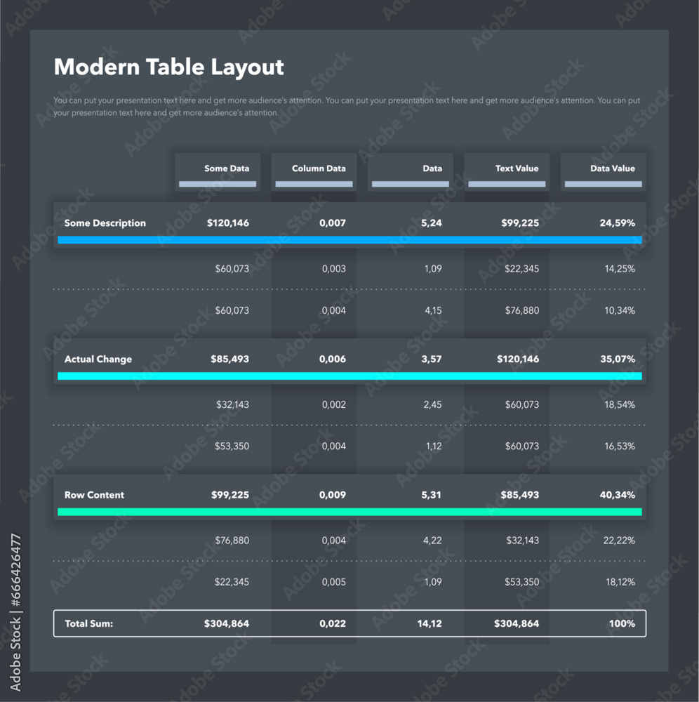 Aufkleber Modern table layout template with a total sum row - dark version. Simple flat template for data visualization.