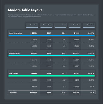 Modern table layout template with a total sum row - dark version. Simple flat template for data visualization.