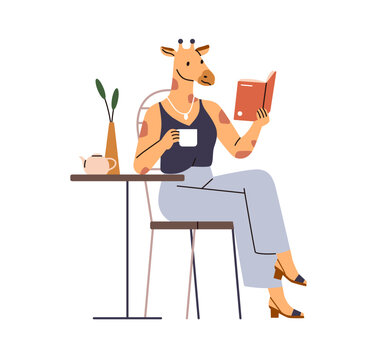 Animal character reading book, relaxing at cafe table with coffee cup. Anthropomorphic giraffe reader, sitting in chair with literature and tea. Flat vector illustration isolated on white background