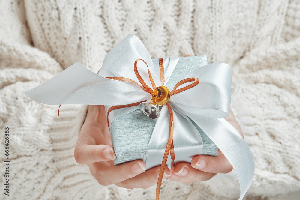 Wall mural Female hands hold a beautifully wrapped gift with a bow and bells. Merry Christmas, Happy New Year, Boxing Day, Birthday.