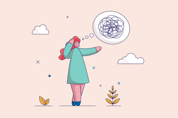 Stress management concept. Emotion during problem solving or frustration work. Woman looks at the mess of chaos with consternation. Flat vector illustration.