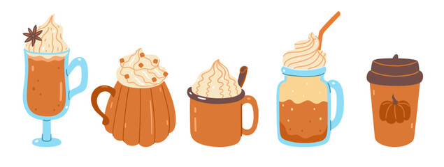 Set of autumn pumpkin drinks isolated on white background. Vector graphics.