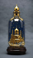 Fototapeta na wymiar golden mosque at night in the bottle for background or banner