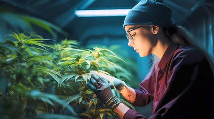 A female wearing gloves picking weeds from cannabis plant - obrazy, fototapety, plakaty