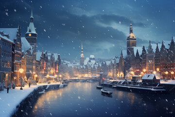 Obraz premium Beautiful European town on a river in winter, night scene, generated by AI