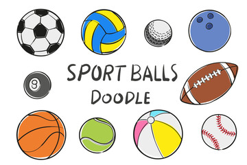 Collection of colorful hand drawn sports ball illustration doodles. Cartoon sketch isolated on white background.