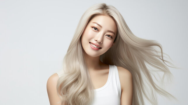 Portrait of Korean woman with long wavy blonde hair. Hair care, make-up and hair health
