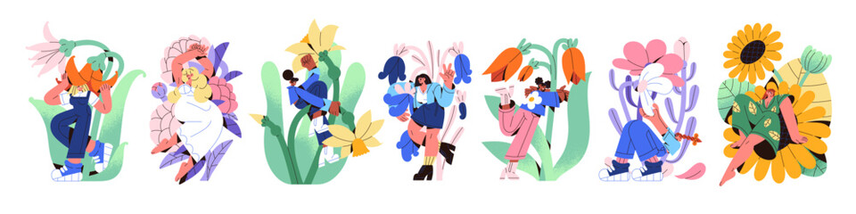 People with big flowers set. Different tiny girls rest, hug, holding, sitting on abstract plants. Garden flora: tulip, sunflower. Bloom nature. Flat isolated vector illustration on white background