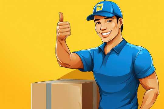 Delivery man carrying a parcel box and giving thumbs up