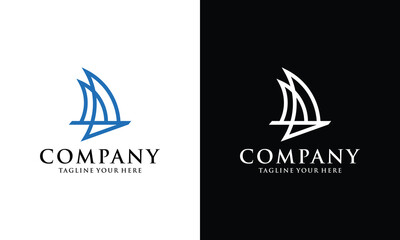 Sailboat dhow boat ship on Sea Ocean Wave with Doodle line art style for Sailing Travel Transport logo design