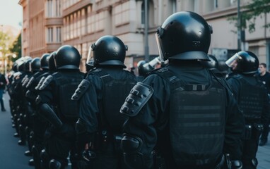 Group of riot police officers on the street.