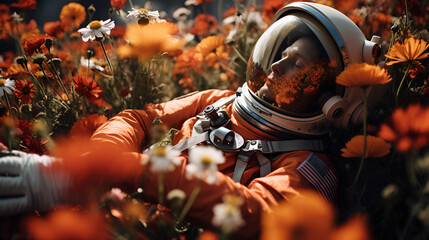 an astronaut sleeping in the middle of a field of flowers