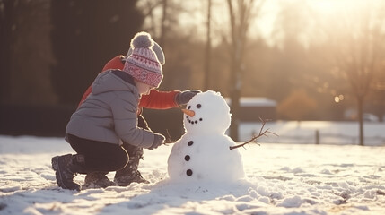 Children building a snowman in the snow at winter