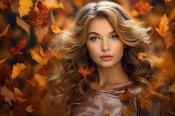 Beautiful young woman with autumn leaves.