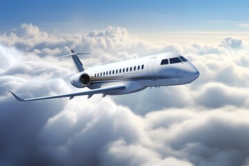Business private jet airplane flying on a high altitude above the clouds.