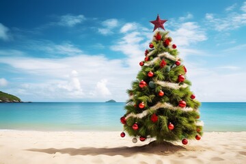 Christmas tree on the sand beach. Summer Xmas vacation background.