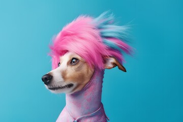 Funny dog in pink wig on blue background. - obrazy, fototapety, plakaty