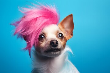 Funny dog in pink wig on blue background.