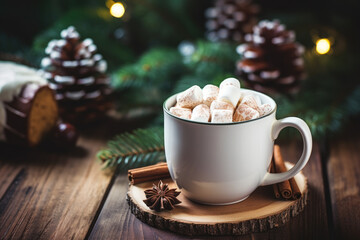 Obraz na płótnie Canvas Ceramic mug with chocolate and marshmallows with cinnamon , anise and christmas decorations. Sweet and hot drink for winter