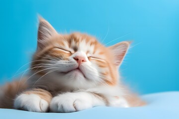 Happy cat puppy on blue background.