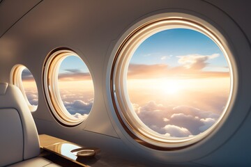Modern luxury interior in business private jet with view from window sky and clouds.