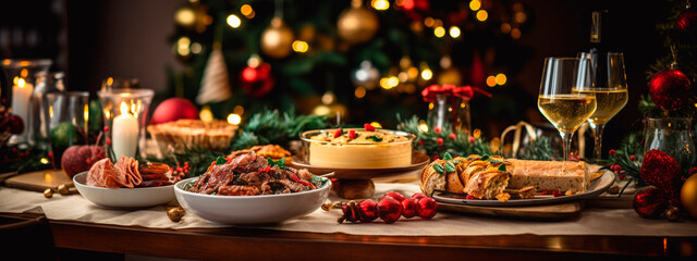 Fototapeta na wymiar Beautiful Christmas table full of food. Generative AI,