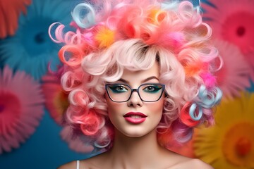 Portrait of beautiful party woman in wig and glasses Carnival party.