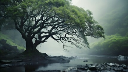 A tree shrouded in mist, its branches mysterious
