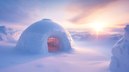 Igloo standing in a beautiful winter landscape full of snow at sunset