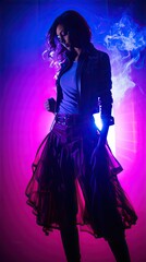Fototapeta premium Model in an ensemble with integrated LEDs, backlit by radiant magenta smoke