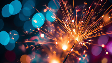 new years eve fireworks sparkler on a colourful blurred background - obrazy, fototapety, plakaty