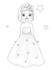 Fototapeta premium Princess coloring book.Coloring page with cute cartoon girl.Coloring princess, fairy girl with stars, doll. Coloring book for children. For adult