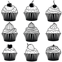 Set of cupcakes vector. Black and white cupcakes. Elements for logo, label, emblem, sign, badge.	