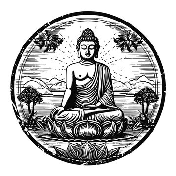 Buddha lotus pose meditating inside circle illustration. Black and white engraving and linocut drawing style. Png with no background for meditation or yoga retreats and practices.