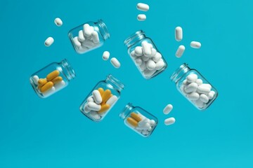 Flying pills from medicine bottle on blue background. Generative AI