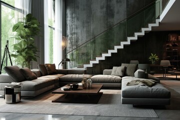 Modern living room with coffee table, grey corner sofa, velvet armchair, stairs, concrete fences, and barriers. Generative AI