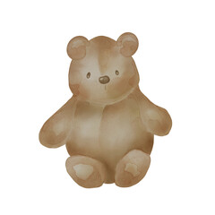 Soft toy for baby watercolor illustration isolated on white background. Hand drawn plush bear. Teddy bear in neutral colors. Cute bear for birthday postcard or newborn shower, tags, invitation
