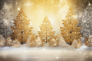 Christmas background with golden fir trees and snowflakes on rustic wooden board. Christmas and New Year background.

