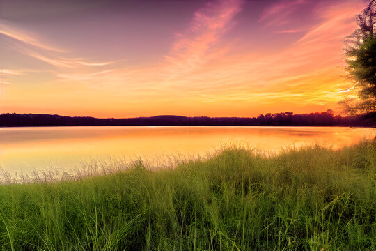 A serene and peaceful image of a lake at sunset, with grasses in the foreground. The water is calm, and the sky is ablaze with color. 