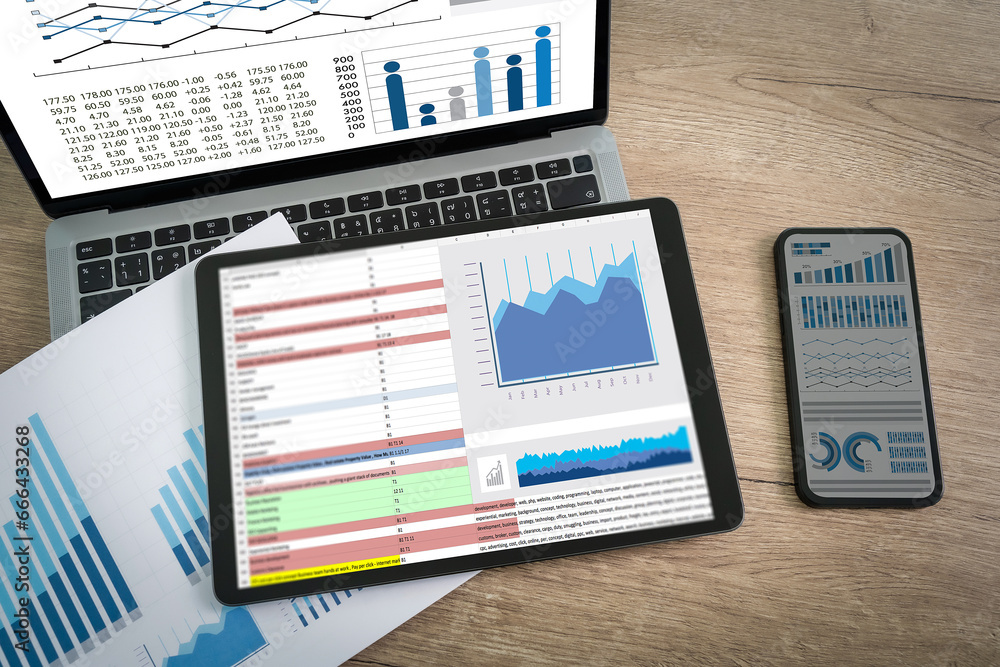Poster kpi business analytics finance graph chart report on the tablet screen.data analytics statistics inf