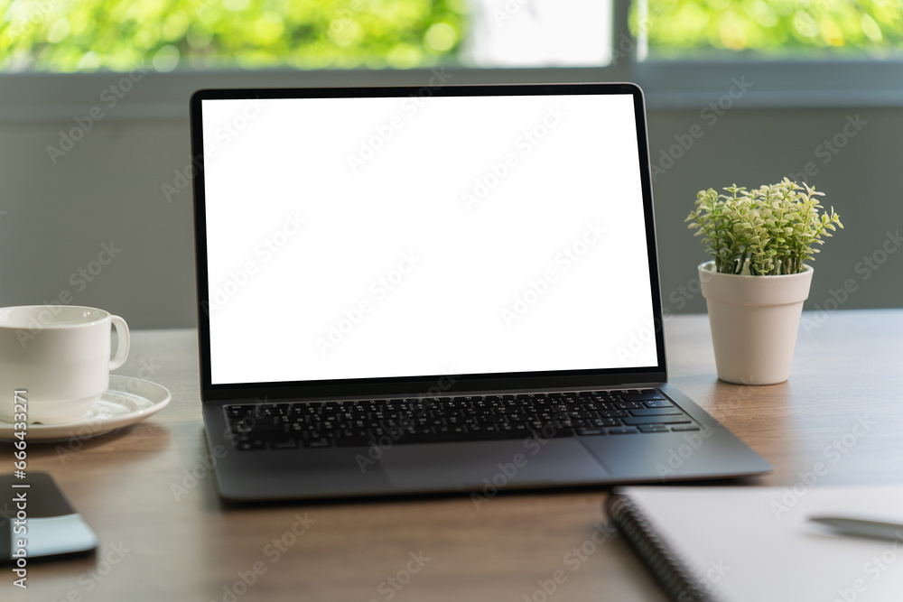 Poster laptop with blank screen on table. workspace background new project on laptop computer with blank co