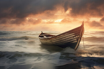 Old wooden boat in the sea near the shore