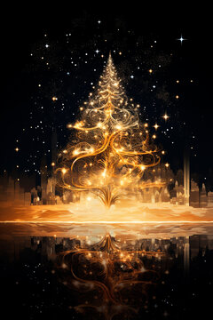 Abstract Christmas tree made of sparkles on a dark background. Generative AI,