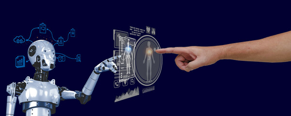 human hand touching  digital health icon  3D robotic  using algorithm  choosing treatment for on...