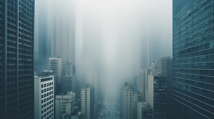 Foggy skyscrapers rising like ghostly urban monoliths

